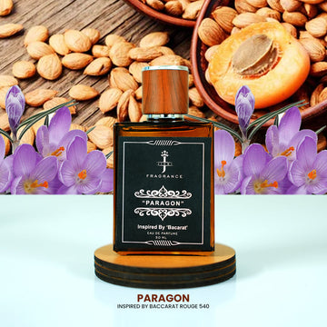 PARAGON unisex fragrance inspired by Baccarat Rouge 540, featuring floral and nutty elements, capturing luxury and elegance.