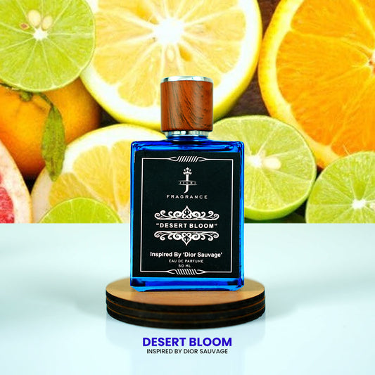 DESERT BLOOM fragrance for men, inspired by Dior Sauvage, on display with vibrant citrus background.