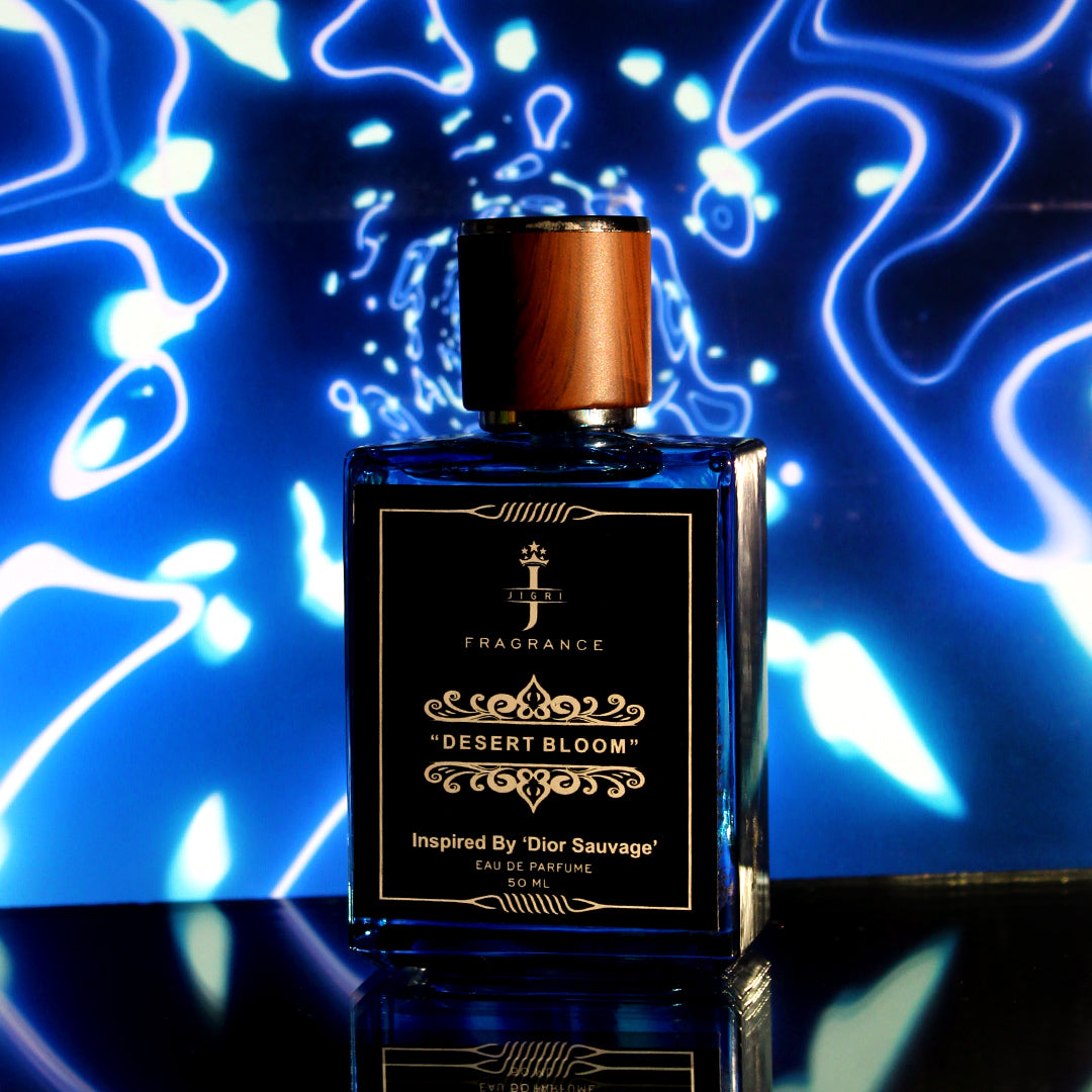 DESERT BLOOM fragrance for men, inspired by Dior Sauvage, in striking blue background, showcasing luxury perfume bottle.