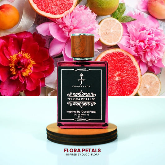FLORA PETALS perfume bottle against floral background, inspired by Gucci Flora, offering refreshing fragrance for women.