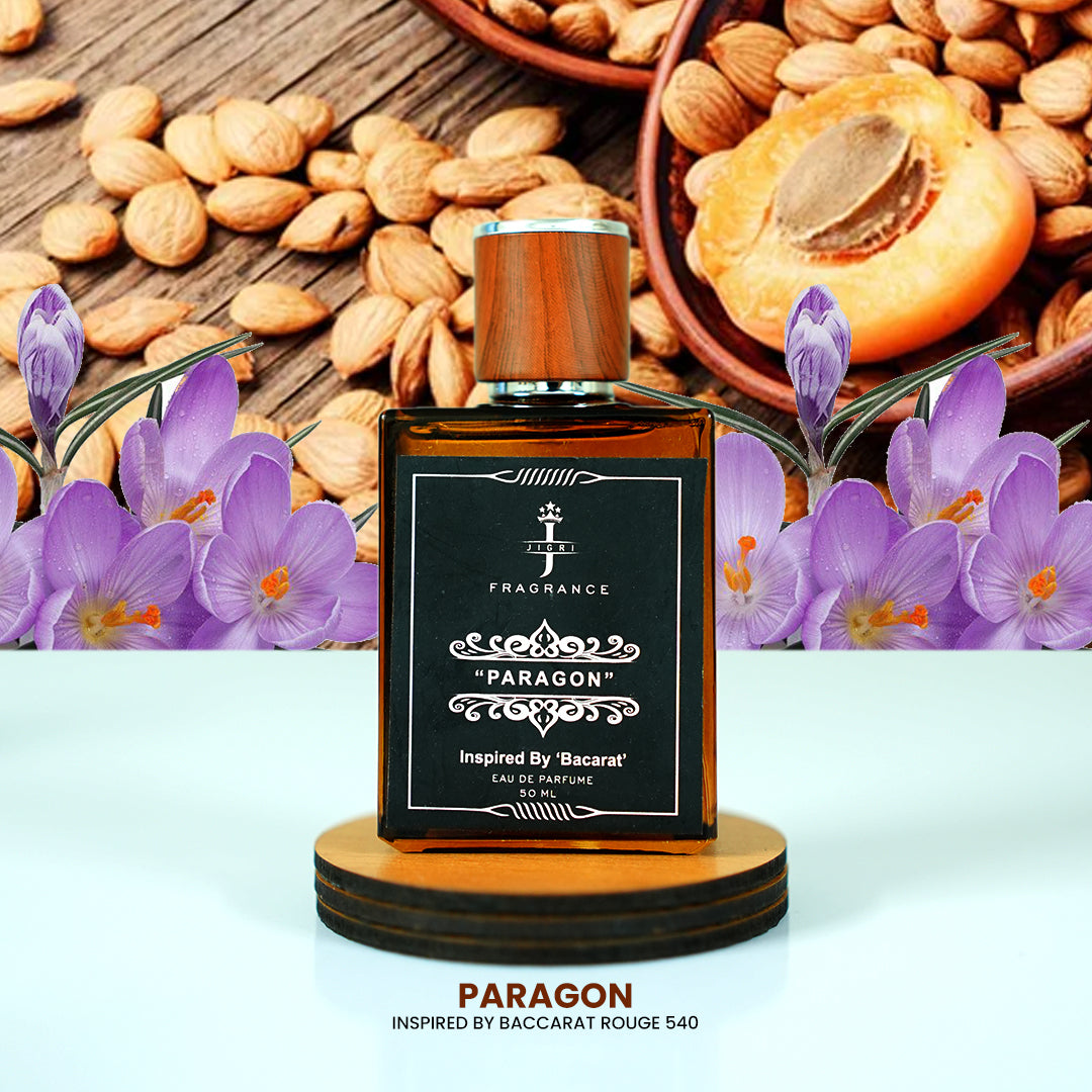 PARAGON unisex fragrance inspired by Baccarat Rouge 540, featuring floral and nutty elements, capturing luxury and elegance.