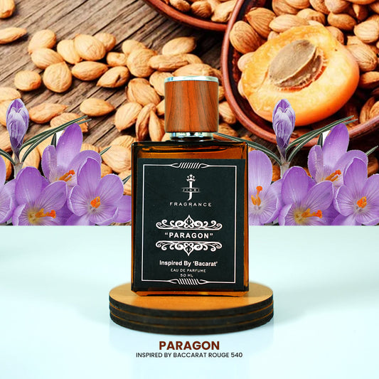 PARAGON unisex fragrance inspired by Baccarat Rouge 540, featuring floral and nutty elements, capturing luxury and elegance.