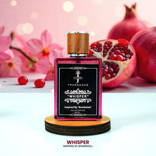 WHISPER fragrance bottle inspired by Bombshell, with floral and fruity elements, perfect for confident women.