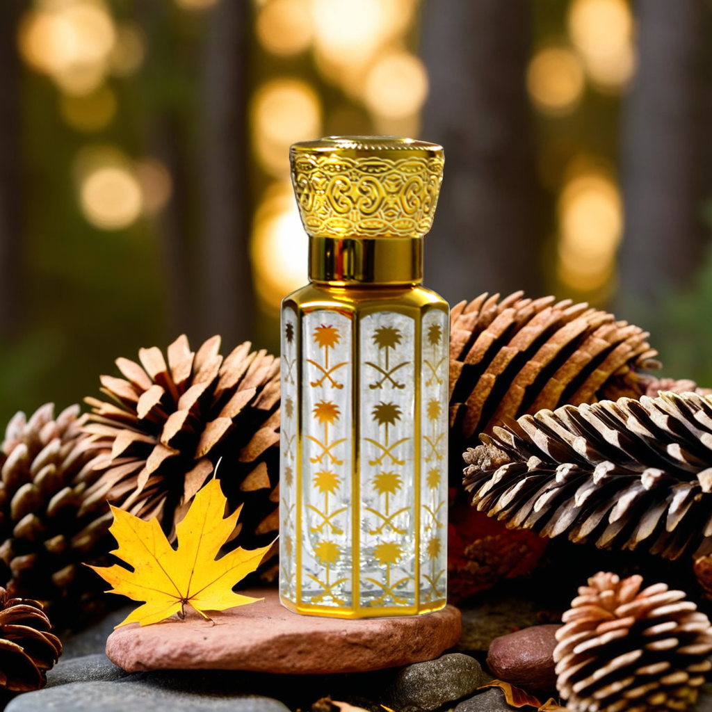 Golden Taiba Attar bottle surrounded by pinecones and autumn leaves, showcasing fragrance for men and women by Jigri.