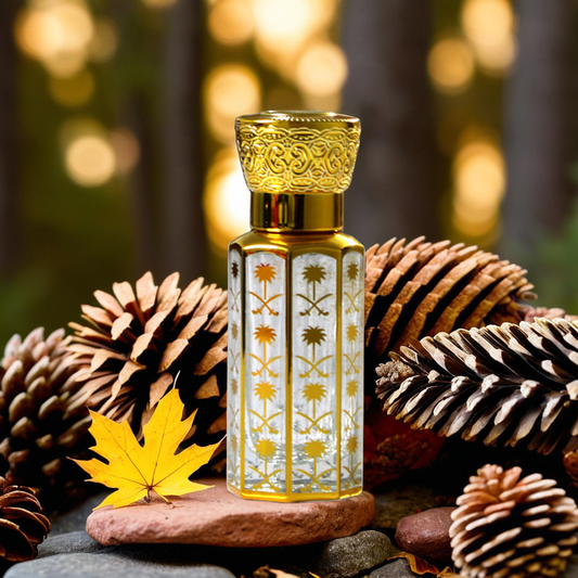 Golden Taiba Attar bottle surrounded by pinecones and autumn leaves, showcasing fragrance for men and women by Jigri.